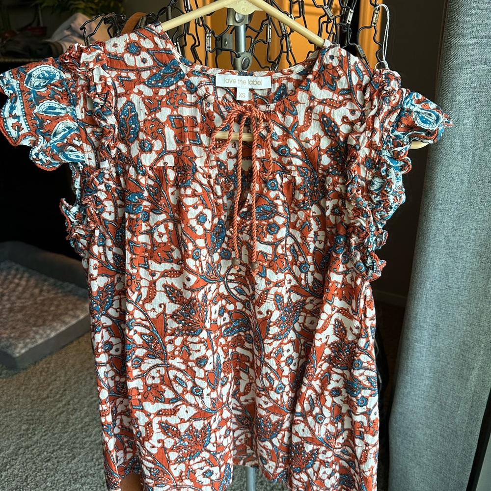 Blue and Brown Ruffled Tie Front Blouse